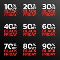 Price off label or badge set. Black Friday sale icons or tags with 10, 20, 30, 40, 50, 60, 70, 80, 90 percent discount. Vector Royalty Free Stock Photo